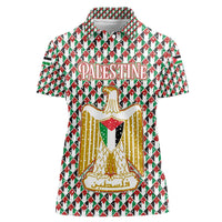 Palestine Christmas Women Polo Shirt with Red-Green Pattern, Golden Eagle Emblem, and Jesus Holding Flag Motif - Wonder Print Shop