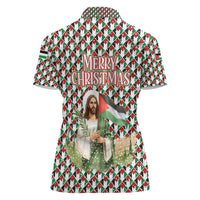 Palestine Christmas Women Polo Shirt with Red-Green Pattern, Golden Eagle Emblem, and Jesus Holding Flag Motif - Wonder Print Shop