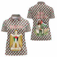 Palestine Christmas Women Polo Shirt with Red-Green Pattern, Golden Eagle Emblem, and Jesus Holding Flag Motif - Wonder Print Shop