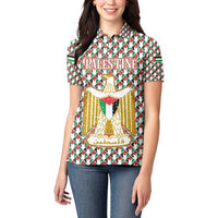 Palestine Christmas Women Polo Shirt with Red-Green Pattern, Golden Eagle Emblem, and Jesus Holding Flag Motif - Wonder Print Shop