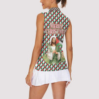 Palestine Christmas Women Sleeveless Polo Shirt with Red-Green Pattern, Golden Eagle Emblem, and Jesus Holding Flag Motif - Wonder Print Shop