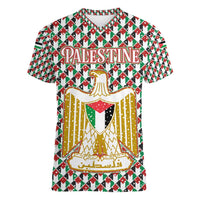 Palestine Christmas Women V-Neck T-Shirt with Red-Green Pattern, Golden Eagle Emblem, and Jesus Holding Flag Motif - Wonder Print Shop
