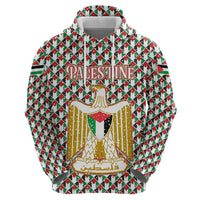 Palestine Christmas Zip Hoodie with Red-Green Pattern, Golden Eagle Emblem, and Jesus Holding Flag Motif - Wonder Print Shop