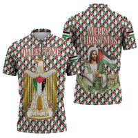 Palestine Christmas Zipper Polo Shirt with Red-Green Pattern, Golden Eagle Emblem, and Jesus Holding Flag Motif - Wonder Print Shop