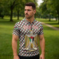 Palestine Christmas Zipper Polo Shirt with Red-Green Pattern, Golden Eagle Emblem, and Jesus Holding Flag Motif - Wonder Print Shop