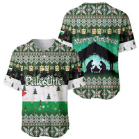 Palestine Christmas Baseball Jersey with Green-White Theme, Tree Ornaments, and Nativity Scene Motif - Wonder Print Shop