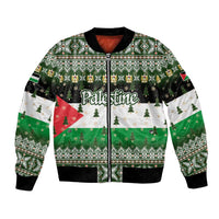Palestine Christmas Bomber Jacket with Green-White Theme, Tree Ornaments, and Nativity Scene Motif - Wonder Print Shop