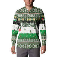 Palestine Christmas Button Sweatshirt with Green-White Theme, Tree Ornaments, and Nativity Scene Motif - Wonder Print Shop