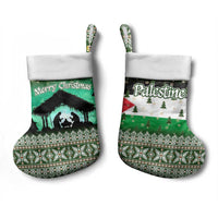 Palestine Christmas Stocking with Green-White Theme, Tree Ornaments, and Nativity Scene Motif - Wonder Print Shop