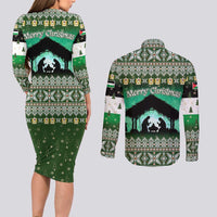 Palestine Christmas Couples Matching Long Sleeve Bodycon Dress and Long Sleeve Button Shirt with Green-White Theme, Tree Ornaments, and Nativity Scene Motif - Wonder Print Shop