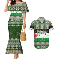 Palestine Christmas Couples Matching Mermaid Dress and Hawaiian Shirt with Green-White Theme, Tree Ornaments, and Nativity Scene Motif - Wonder Print Shop