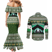 Palestine Christmas Couples Matching Mermaid Dress and Long Sleeve Button Shirt with Green-White Theme, Tree Ornaments, and Nativity Scene Motif - Wonder Print Shop