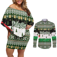 Palestine Christmas Couples Matching Off Shoulder Short Dress and Long Sleeve Button Shirt with Green-White Theme, Tree Ornaments, and Nativity Scene Motif - Wonder Print Shop