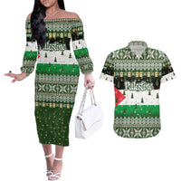 Palestine Christmas Couples Matching Off The Shoulder Long Sleeve Dress and Hawaiian Shirt with Green-White Theme, Tree Ornaments, and Nativity Scene Motif - Wonder Print Shop