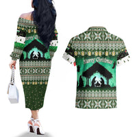Palestine Christmas Couples Matching Off The Shoulder Long Sleeve Dress and Hawaiian Shirt with Green-White Theme, Tree Ornaments, and Nativity Scene Motif - Wonder Print Shop