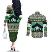 Palestine Christmas Couples Matching Off The Shoulder Long Sleeve Dress and Long Sleeve Button Shirt with Green-White Theme, Tree Ornaments, and Nativity Scene Motif - Wonder Print Shop