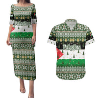 Palestine Christmas Couples Matching Puletasi and Hawaiian Shirt with Green-White Theme, Tree Ornaments, and Nativity Scene Motif - Wonder Print Shop