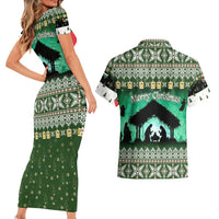 Palestine Christmas Couples Matching Short Sleeve Bodycon Dress and Hawaiian Shirt with Green-White Theme, Tree Ornaments, and Nativity Scene Motif - Wonder Print Shop