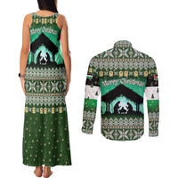 Palestine Christmas Couples Matching Tank Maxi Dress and Long Sleeve Button Shirt with Green-White Theme, Tree Ornaments, and Nativity Scene Motif - Wonder Print Shop