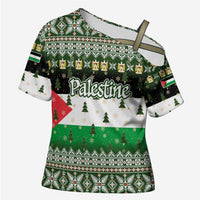 Palestine Christmas Cross Shoulder Shirt with Green-White Theme, Tree Ornaments, and Nativity Scene Motif - Wonder Print Shop