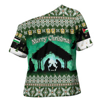 Palestine Christmas Cross Shoulder Shirt with Green-White Theme, Tree Ornaments, and Nativity Scene Motif - Wonder Print Shop