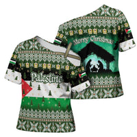 Palestine Christmas Cross Shoulder Shirt with Green-White Theme, Tree Ornaments, and Nativity Scene Motif - Wonder Print Shop