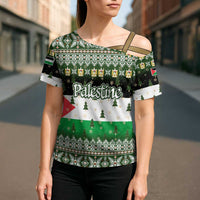 Palestine Christmas Cross Shoulder Shirt with Green-White Theme, Tree Ornaments, and Nativity Scene Motif - Wonder Print Shop