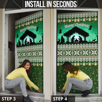 Palestine Christmas Door Cover with Green-White Theme, Tree Ornaments, and Nativity Scene Motif - Wonder Print Shop