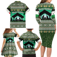 Palestine Christmas Family Matching Long Sleeve Bodycon Dress and Hawaiian Shirt with Green-White Theme, Tree Ornaments, and Nativity Scene Motif - Wonder Print Shop