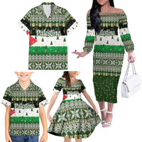 Palestine Christmas Family Matching Off The Shoulder Long Sleeve Dress and Hawaiian Shirt with Green-White Theme, Tree Ornaments, and Nativity Scene Motif - Wonder Print Shop