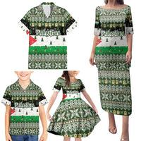 Palestine Christmas Family Matching Puletasi and Hawaiian Shirt with Green-White Theme, Tree Ornaments, and Nativity Scene Motif - Wonder Print Shop