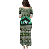 Palestine Christmas Family Matching Puletasi and Hawaiian Shirt with Green-White Theme, Tree Ornaments, and Nativity Scene Motif - Wonder Print Shop