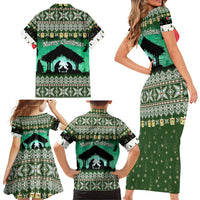 Palestine Christmas Family Matching Short Sleeve Bodycon Dress and Hawaiian Shirt with Green-White Theme, Tree Ornaments, and Nativity Scene Motif - Wonder Print Shop