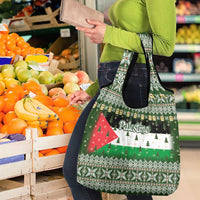 Palestine Christmas Grocery Bag with Green-White Theme, Tree Ornaments, and Nativity Scene Motif - Wonder Print Shop