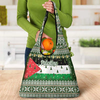 Palestine Christmas Grocery Bag with Green-White Theme, Tree Ornaments, and Nativity Scene Motif - Wonder Print Shop