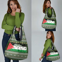 Palestine Christmas Grocery Bag with Green-White Theme, Tree Ornaments, and Nativity Scene Motif - Wonder Print Shop