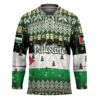 Palestine Christmas Hockey Jersey with Green-White Theme, Tree Ornaments, and Nativity Scene Motif - Wonder Print Shop