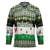 Palestine Christmas Hockey Jersey with Green-White Theme, Tree Ornaments, and Nativity Scene Motif - Wonder Print Shop