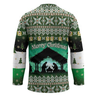 Palestine Christmas Hockey Jersey with Green-White Theme, Tree Ornaments, and Nativity Scene Motif - Wonder Print Shop