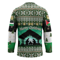 Palestine Christmas Hockey Jersey with Green-White Theme, Tree Ornaments, and Nativity Scene Motif - Wonder Print Shop