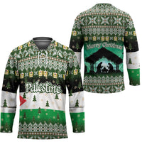 Palestine Christmas Hockey Jersey with Green-White Theme, Tree Ornaments, and Nativity Scene Motif - Wonder Print Shop