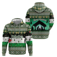 Palestine Christmas Hoodie with Green-White Theme, Tree Ornaments, and Nativity Scene Motif - Wonder Print Shop