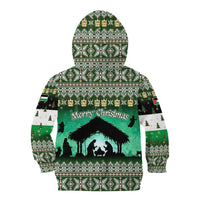 Palestine Christmas Kid Hoodie with Green-White Theme, Tree Ornaments, and Nativity Scene Motif - Wonder Print Shop