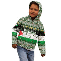 Palestine Christmas Kid Hoodie with Green-White Theme, Tree Ornaments, and Nativity Scene Motif - Wonder Print Shop