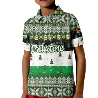 Palestine Christmas Kid Polo Shirt with Green-White Theme, Tree Ornaments, and Nativity Scene Motif - Wonder Print Shop