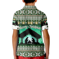 Palestine Christmas Kid Polo Shirt with Green-White Theme, Tree Ornaments, and Nativity Scene Motif - Wonder Print Shop