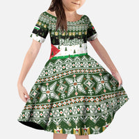 Palestine Christmas Kid Short Sleeve Dress with Green-White Theme, Tree Ornaments, and Nativity Scene Motif - Wonder Print Shop