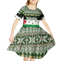 Palestine Christmas Kid Short Sleeve Dress with Green-White Theme, Tree Ornaments, and Nativity Scene Motif - Wonder Print Shop
