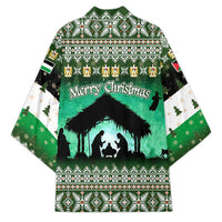 Palestine Christmas Kimono with Green-White Theme, Tree Ornaments, and Nativity Scene Motif - Wonder Print Shop