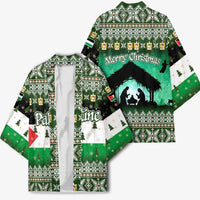 Palestine Christmas Kimono with Green-White Theme, Tree Ornaments, and Nativity Scene Motif - Wonder Print Shop